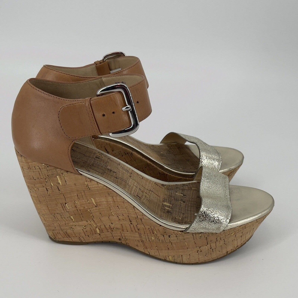 Donald Pliner Malibu Cork Wedge Gold Metallic Womens Shoes 8.5 Open Toe Summer - Picture 2 of 8